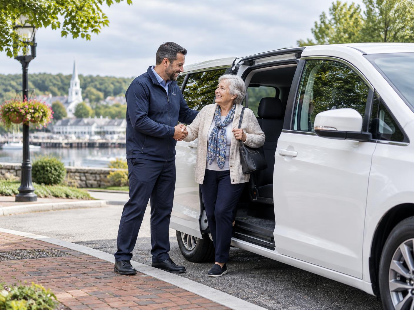 A professional driver greeting an older passenger beside a clean white passenger vehicle